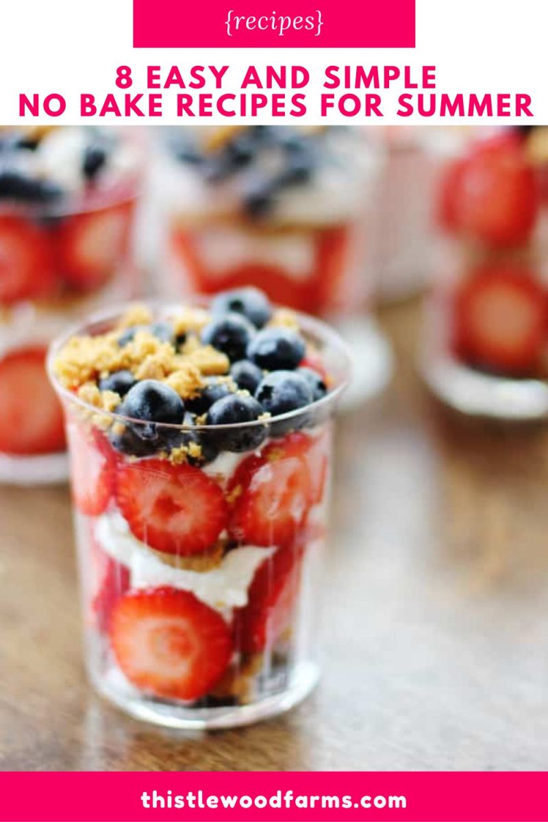 a clear cup filled with layers of sliced strawberries, blueberries, whipped cream, and crumbled cookies sits on a wooden surface. text on the image reads: "8 easy and simple no bake recipes for summer.