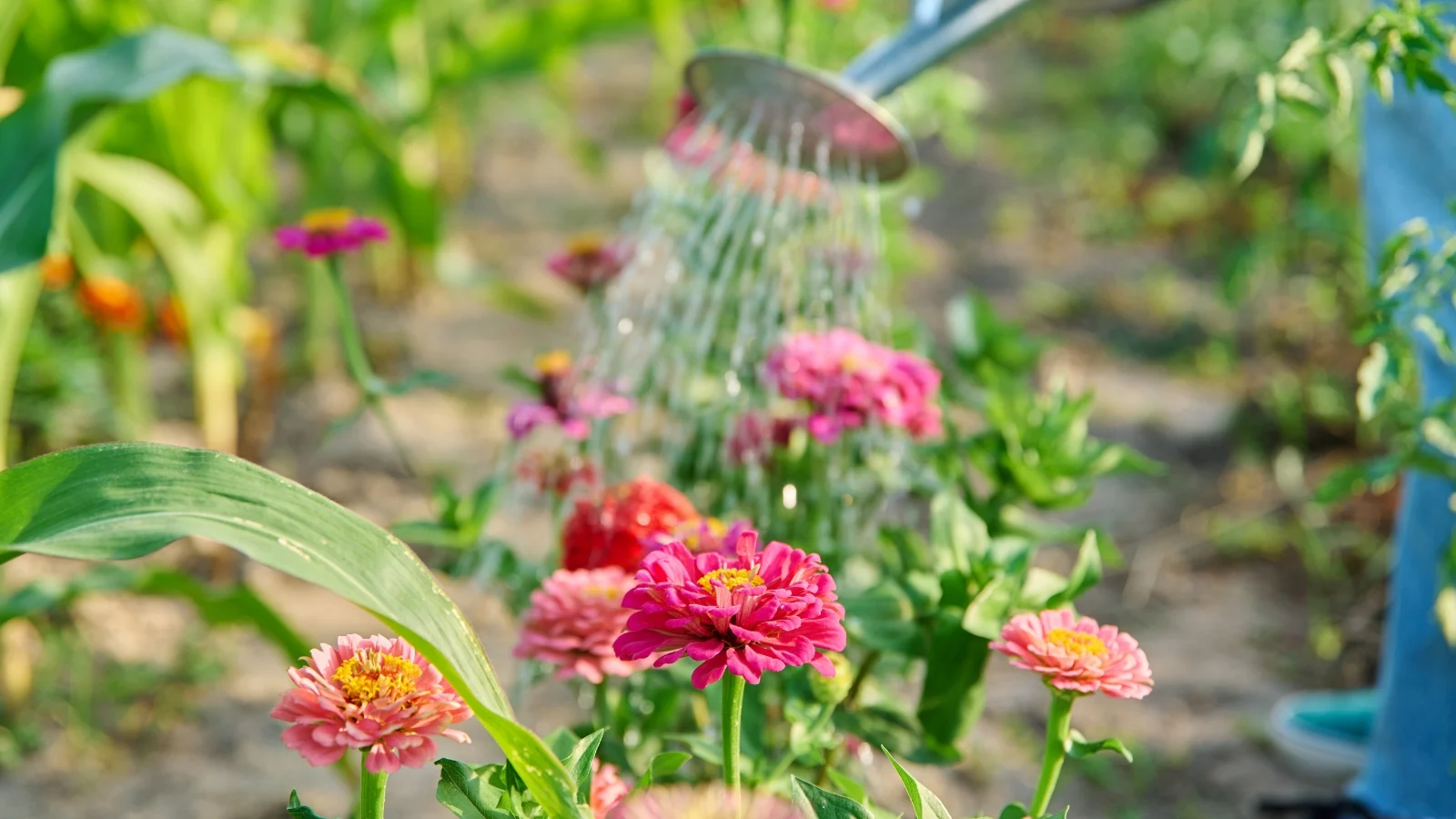 a gardener’s hands holding a watering can, sprinkling water over vibrant zinnia flowers in a sunny garden area outdoors