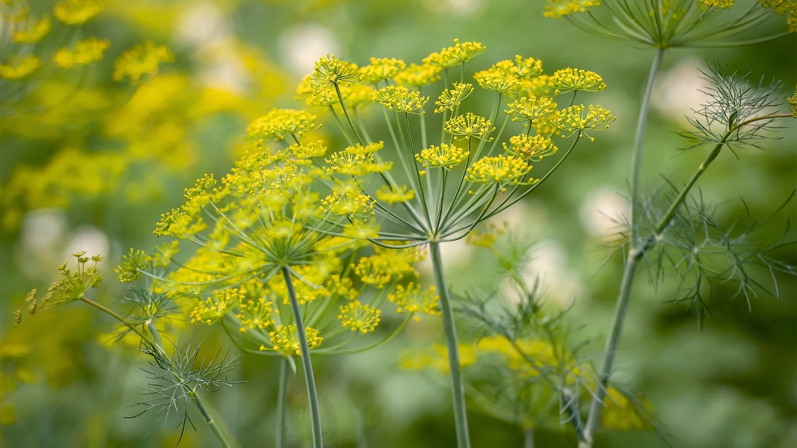 umbrella-shaped clusters of tiny yellow flowers bloom above feathery, light green, thread-like leaves on tall stems.