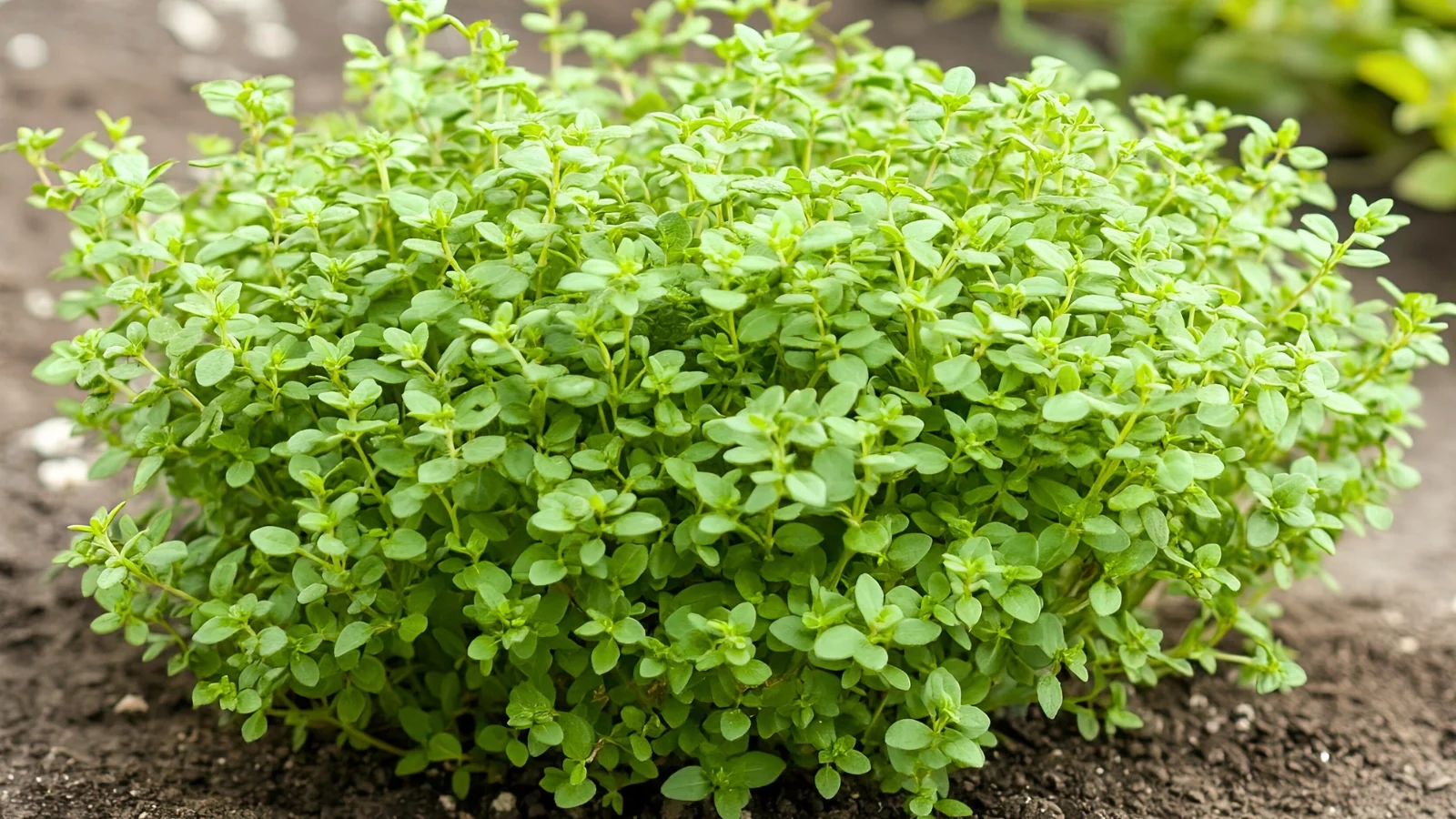 a close-up of thin, woody stems and tiny, oval leaves arranged in tight clusters along the stems of the thyme, in the garden bed.