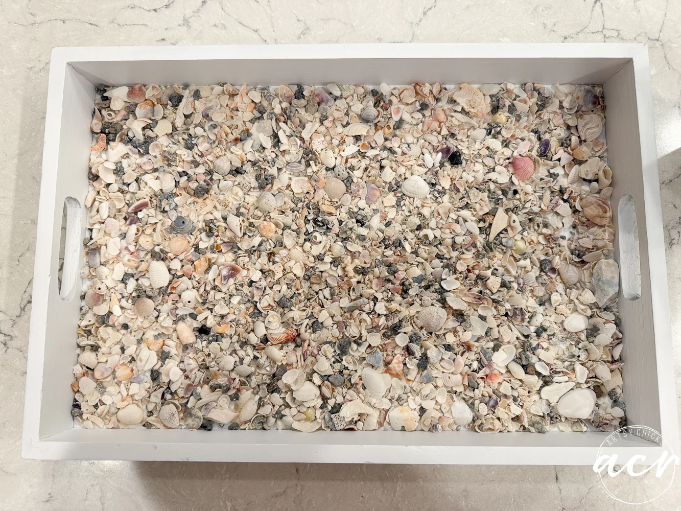 a white rectangular thrift shop tray filled with assorted seashells and shell fragments, displayed on a light-colored marble surface.