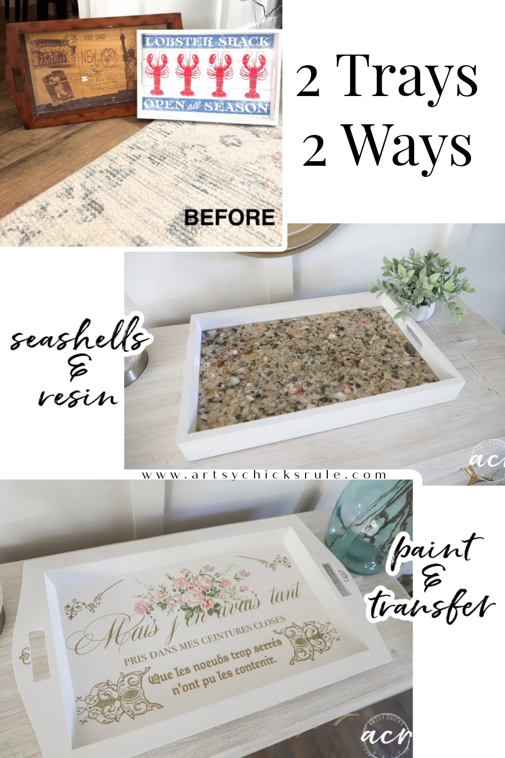 collage showing a wooden tray thrift shop shakedown before and after two different makeovers: one with seashells and resin in a white frame, and another with white paint and decorative french transfer. text reads 2 trays 2 ways.