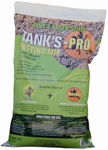 a close up of a bag of tank's pro coco potting mix isolated on a white background.