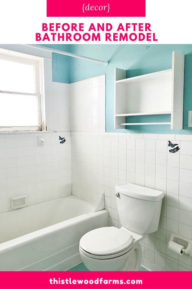 a bright bathroom featuring a white bathtub, toilet, and wall tiles, with light blue walls and a window above the tub. a white shelf is mounted over the toilet. text reads "before and after bathroom remodel.