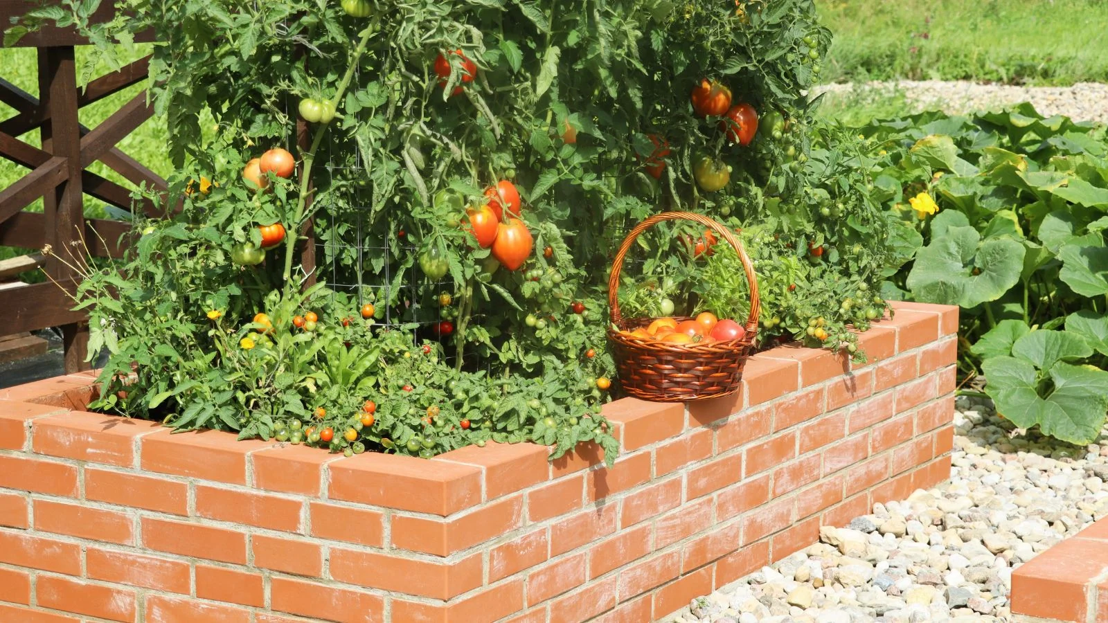 a close-up shot of a raised bed made from bricks with several developing tomato crops in a large garden area outdoors