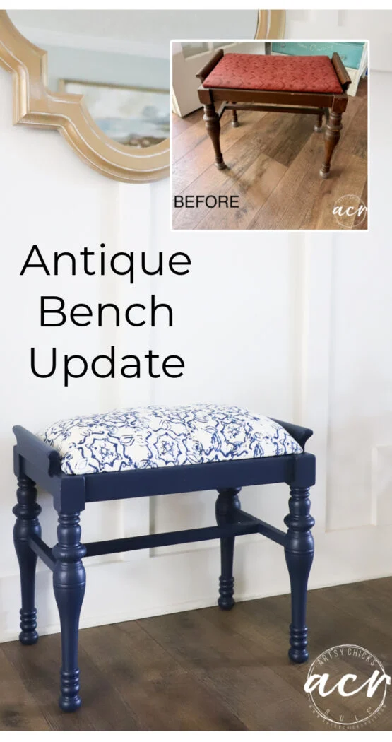 a small vintage bench with an ornate mirror behind it; before inset shows the bench with a brown frame and red cushion. the updated bench update features a dark blue finish and a white and blue patterned cushion. text reads antique bench update.