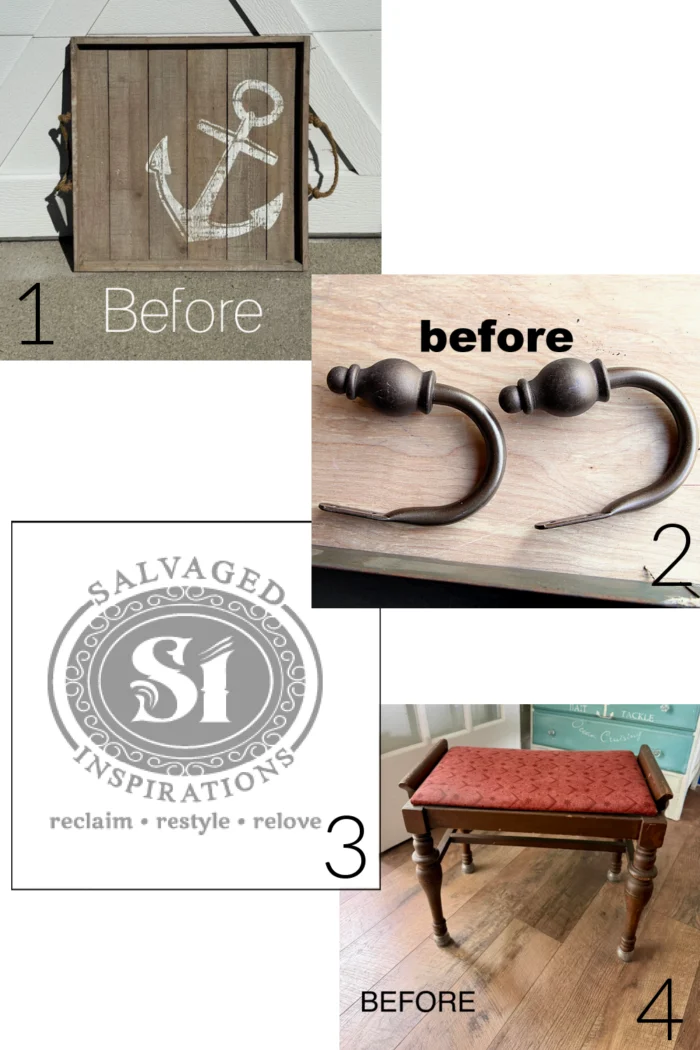 collage of diy project items labeled before: a wooden anchor sign, two wood hooks, a salvaged inspirations logo, and a vintage bench ready for its vintage bench update with a red cushion.